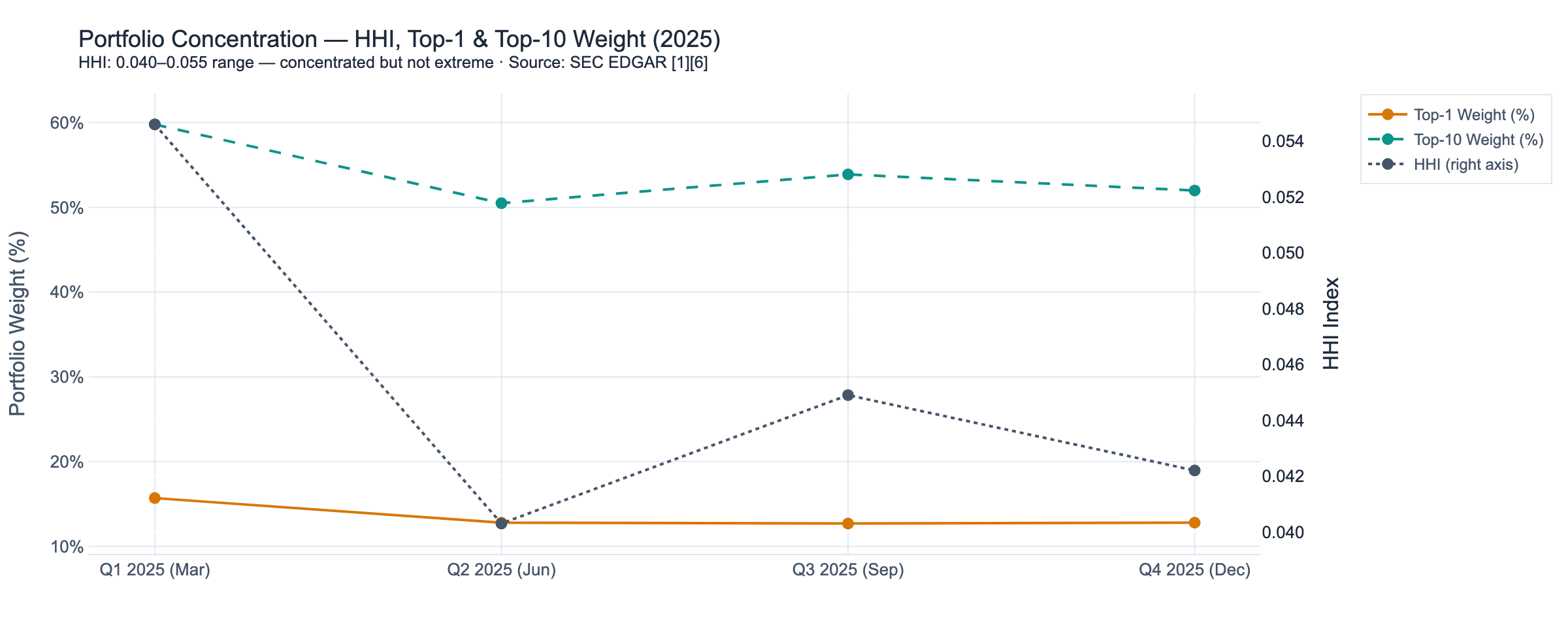 Portfolio concentration — HHI, top-1% and top-10% weight across 2025
